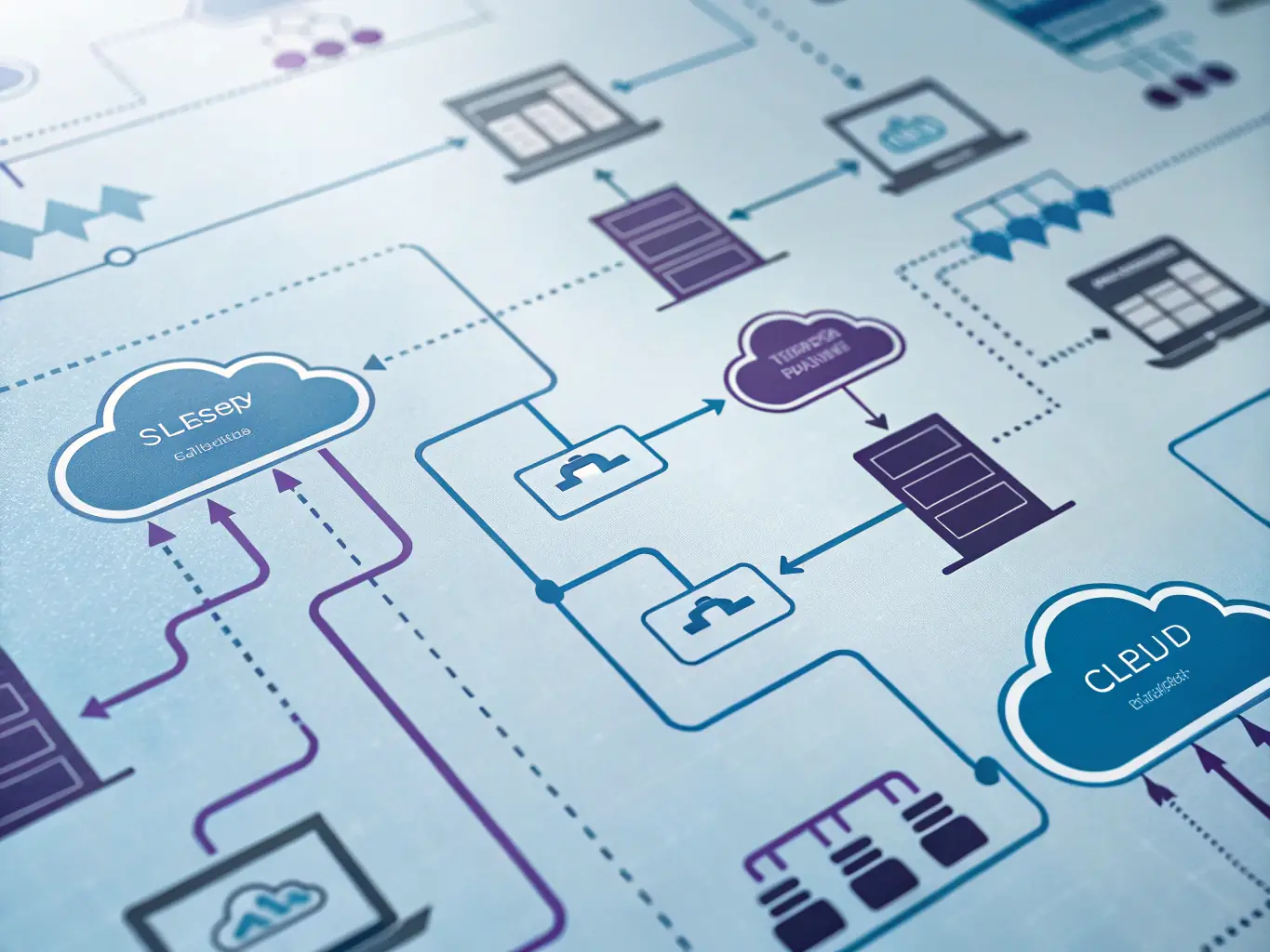 A cloud infrastructure diagram illustrating the migration process and benefits, representing OrwyTech's Cloud Transformation services.